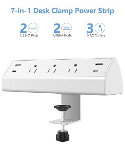Jgstkcity Desk Clamp Power Strip,40W Total Fast Charging Station,2 PD 20W USB C Ports,Desk Edge Mount Surge Protector for Home, Office,3 Outlets,Fit 1.96" Tabletop Edge,ETL Listed,White thumbnail 2