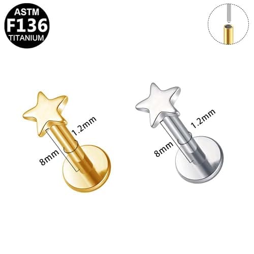 Niaspi 16G G23 Titanium Flat Back Earrings Studs for Women Threadless 14K Gold Tiny Heart Star Lightning Conch Helix Tragus Flatback Stud Earring Minimalist Labret Monroe Lip Rings Studs 2Pcs thumbnail 5