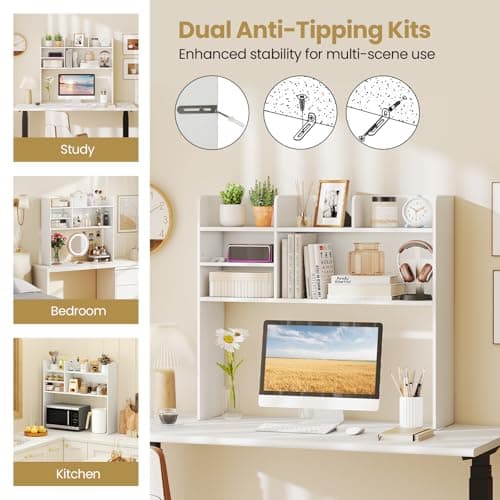 Tangkula Desktop Bookshelf for Computer Up to 32”, 37” Countertop Storage Hutch with 6 Storage Shelves, 3-Tier Desktop Organizer Display Rack, Wooden Desk Hutch for Dorm Home Office (White) thumbnail 8