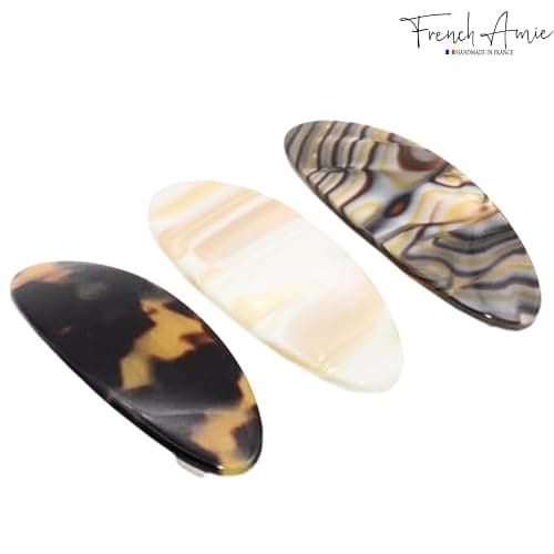 French Amie Oval Mini Silver Grey Onyx Tokyo Ivory Set of 3 Handmade Celluloid Hair Clip Barrette for Girls (2.5 inch) thumbnail 5