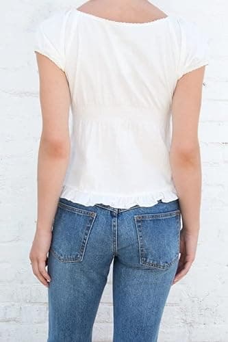 Women Y2k Gingham Top Lace Trim Scoop Neck Short Sleeve Tees Ruffle Hem Aesthetic Shirt Coquette Clothes - White - Small thumbnail 5