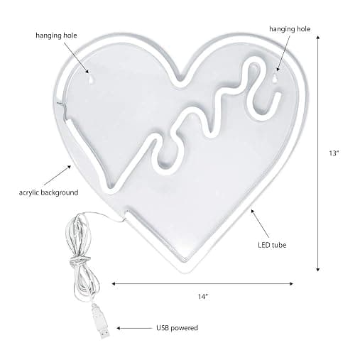 Isaac Jacobs 14" x 14" inch LED Neon Red “Love” Heart Wall Sign For Cool Light, Wall Art, Bedroom Decorations, Home Accessories, Party, and Holiday Decor: Powered by USB Wire (HEART) thumbnail 2