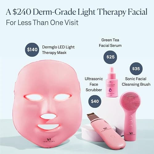 VogueNow LED Face Mask Light Therapy Premium Spa Kit (4 Pcs) - With Ultrasonic Scrubber, Ultrasonic Brush & Green Tea Serum - 7 Colors (Blue & Red) Light Therapy Mask - Christmas Gifts for Women thumbnail 3