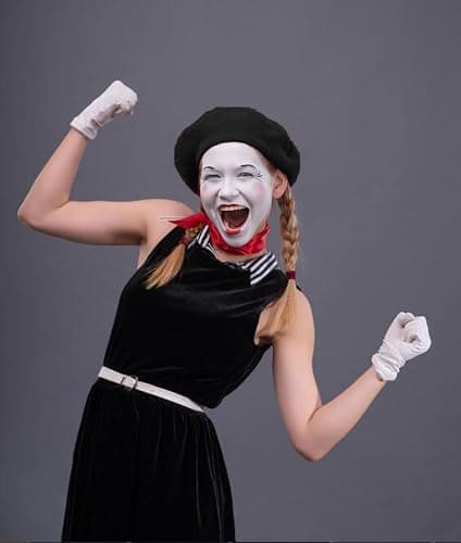 5 Pcs Mime Artist Costume Accessories Set Women French Mime Cosplay Outfit Includes Black Beret Red Suspender Scarf White Gloves and Black White Stripe Socks for Halloween Theme Party Dress up Decor thumbnail 4