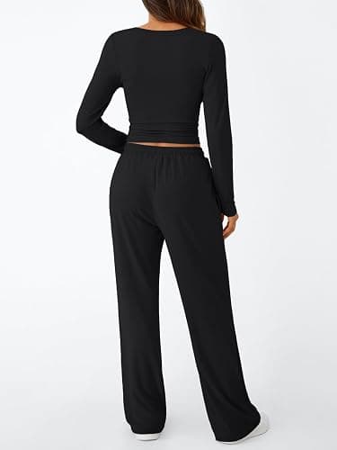 Trendy Queen Women's 2 Piece Matching Lounge Set Long Sleeve Slightly Crop Top Wide Leg Pants Casual Sweatsuit thumbnail 4