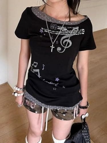 TYATVS Emo Grunge Tops Y2k Harajuku Music Note Shirt Vintage Gothic 2000s Clothing Whimsy Twee Tees Alt Clothes thumbnail 2