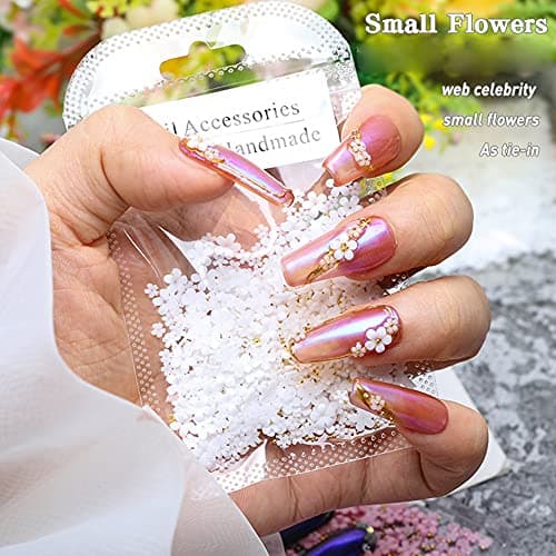 3D Flower Caviar Beads Nail Art Decals Charms for Nails, White Pink 3D Acrylic Flower Nail Charms with Pearl Golden Caviar Beads for Women DIY Manicures Salon Accessories thumbnail 3