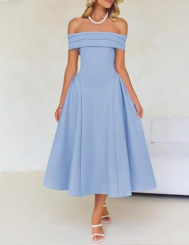 ZESICA Cocktail Dresses for Women's Elegant Off Shoulder Short Sleeve Swing A Line Wedding Evening Party Midi Dress thumbnail 2