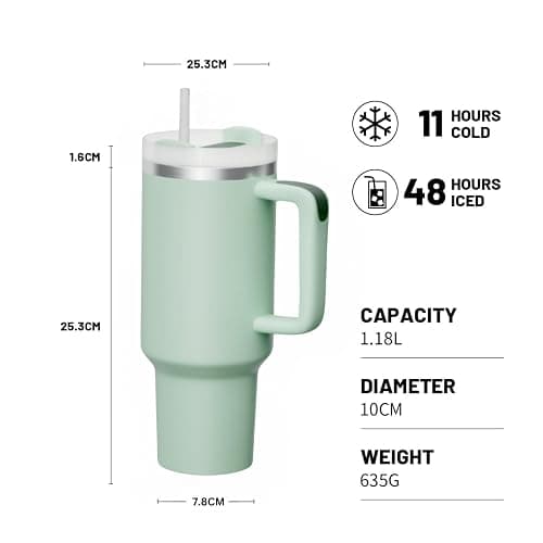 FOOJo 40oz Tumbler with Handle and Straw Lid - Travel Mug Leak-Proof Insulated Stainless Steel – Travel Cup for Hot & Cold Drink (Green) thumbnail 3