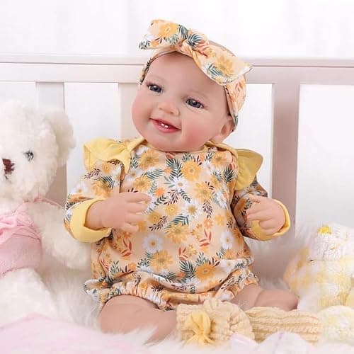BABESIDE 3 Pcs Reborn Baby Doll Clothes for 17-22 Inch Baby Dolls | Floral Pattern Reborn Doll Clothes with Shoes and Headband for Lifelike Reborn Baby Dolls Accessories, Yellow thumbnail 3
