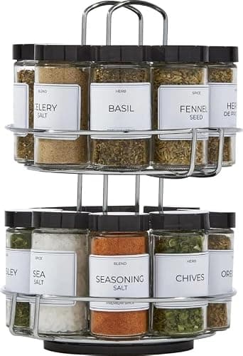 CNEIESD Spice Rack Organizer, 16-Jar Revolving Spice Rack Organizer with Sifter Caps, Stackable Chrome Wire Holder & Jars Includes Basil, Oregano, Sea Salt & More (Silver) thumbnail 4