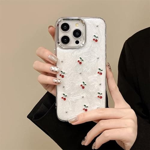Cute Case for iPhone 15,Red Cherry Pearls with Phone Charm Chain,Pearlized Fruit Case for Women Girls Designed Shockproof thumbnail 7