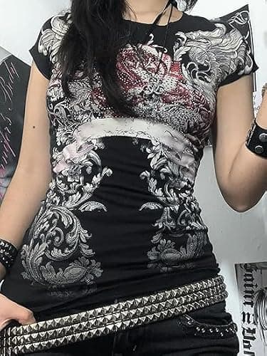 Grunge Shirts 2000s Clothing Women Vintage Graphic Tees Y2k Short Sleeve Goth Tops Teens Emo Clothes Streetwear thumbnail 5