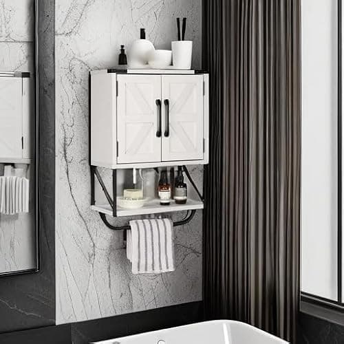 RUSTOWN Farmhouse Rustic Medicine Cabinet with Two Barn Door,Wood Wall Mounted Storage Cabinet with Adjustable Shelf and Towel Bar, 3-Tier Cabinet for Bathroom, Living Room(Vintage White) thumbnail 5