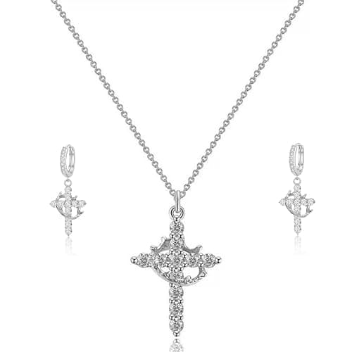 ZHDHDQ Crown Cross Necklace Earring Set for Women,Diamond Dainty 14k Gold Plated Cubic Zirconia Pendant Necklaces and Earring,Trendy Waterproof Non Tarnish Faith Jewelry First Communion Necklace - Image 1