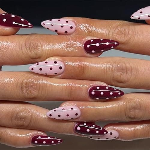 Cute Polka Dot Press on Nails Almond Medium Pink Red Fake Nails with Designs Gel Artificial Nails Press Ons Gel Acrylic Glue on Nails Medium Length Full Cover Stick on Nails for Women 24Pcs - Image 1