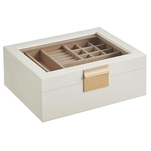 SONGMICS Jewelry Box with Glass Lid, 2-Layer Jewelry Organizer with Removable Tray, Jewelry Storage, Modern Style, Gift for Loved Ones, Cloud White and Metallic Gold UJBC238W01 thumbnail 7