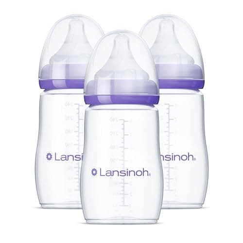 Lansinoh Anti-Colic Baby Bottles, BPA-Free Plastic, 8 Ounces, 3 Count, Medium Flow Nipples (Size M), Breastfeeding Bottle with NaturalWave Design, Baby Essentials - Image 1
