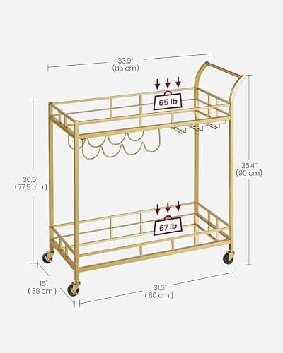 VASAGLE Bar Cart Gold, Home Bar Serving Cart, Wine Cart with 2 Mirrored Shelves, Wine Holders, Glass Holders, for Kitchen, Dining Room, Gold ULRC090A03 thumbnail 3