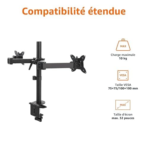 Amazon Basics Support à bras réglable pour deux écrans, peut accueillir des écrans allant jusqu’à 32" (81.3 cm), Noir thumbnail 2