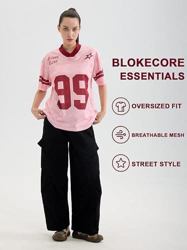 Adenorah Womens Oversized T Shirts V-Neck Streetwear Jersey Graphic Tees Mens Retro Hip Hop Mesh Summer Tops thumbnail 3