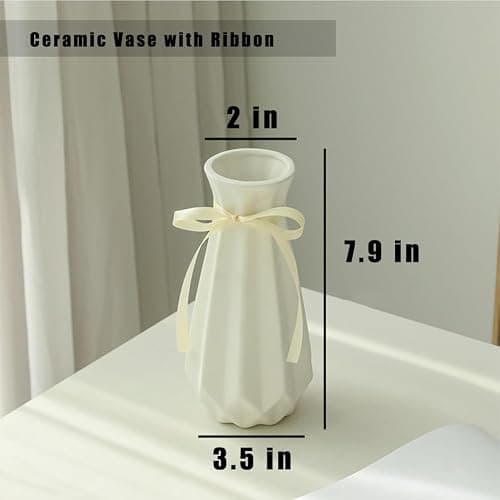 Origami Ceramic Vase with Ribbon, 7.9" H, Artistic Design Flower Vase Geometrical Style for Modern Home Decoration thumbnail 3