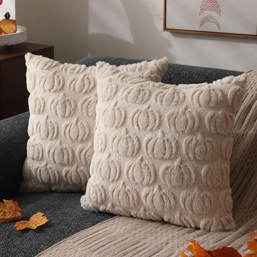 DFXSZ Fall Pillow Covers 16x16 Set of 2 Fall Decorations Autumn Beige Pumpkin Throw Pillow Cases Soft Plush Faux Fur Wool Couch Cushion Case for Chair Sofa Bedroom Living Room Home Decor PTK02B16 - Image 1