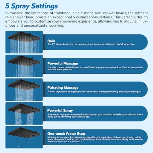 Hibbent cUPC Certified 13'' Shower Head Combo, High Pressure 5 Spray Rainfall Showerhead, 10 Spray Mode Handheld, All Metal Easy Reach 4-way Diverter Arm with Pause Mode, 71'' Hose and Holder, Black thumbnail 2