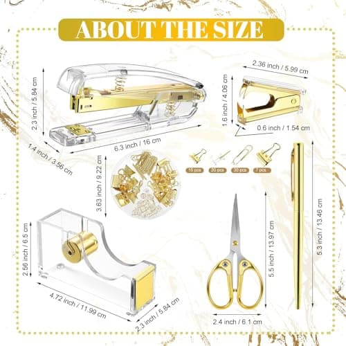 Acrylic Gold Tape Dispenser Gold Desktop Stapler Set, Office Supplies Includes Staple Remover, Tape Dispenser, Binder Clips, Paper Clips, Ballpoint Pen, Scissor, 1000pcs Staples Desk Accessory Kit thumbnail 3