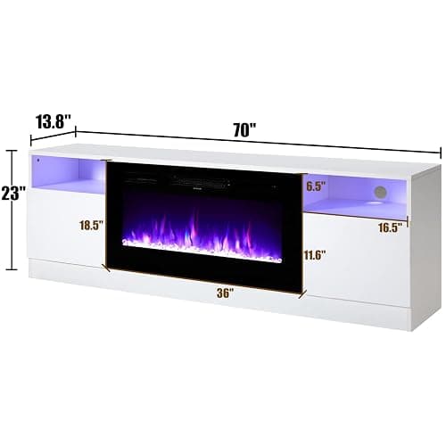 AMERLIFE TV Stand with Fireplace, LED Light Entertainment Center with 36" Electric Fireplace, 70" Modern Wood Entertainment Stand with Highlight Storage Cabinet for TVs up to 80", White & Black thumbnail 7