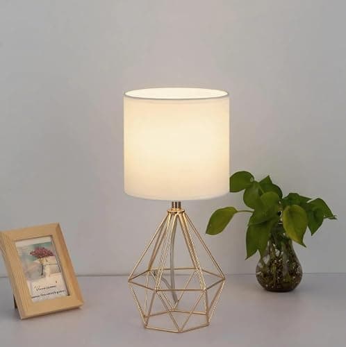COTULIN Gold Modern Hollow Out Base Bedroom Small Table Lamp,Bedside Nightstand Lamp with Geometric Metal Base White Fabric Shade,Cute Desk Lamp for Kids Living Room thumbnail 6