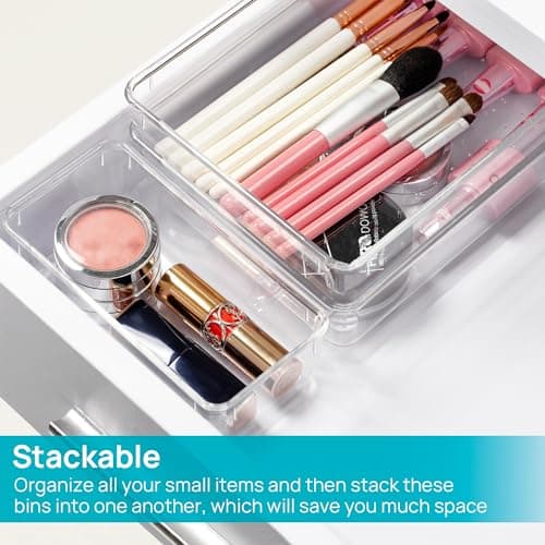 Vtopmart 25 PCS Clear Plastic Drawer Organisers Set, 4-Size Versatile Bathroom and Vanity Drawer Organiser Trays, Storage Bins for Makeup, Bedroom, Kitchen Gadgets Utensils and Office thumbnail 7