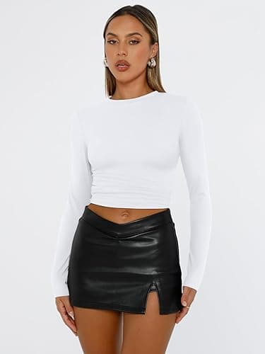 Trendy Queen Womens Long Sleeve Shirts Fall Fashion 2025 Basic Crop Tops Going Out Workout Outfits Y2k Clothes - Small - White thumbnail 2