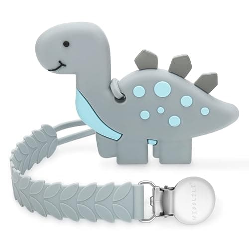Teething Toys for Babies, Baby Teethers with Clip Silicone Baby Teether Toys for Boys and Girls Infant Teething Relief for Teething Dinosaur Shape, Gray - Image 1