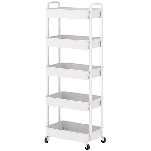 Sywhitta 5-Tier Plastic Rolling Utility Cart with Handle, Multi-Functional Storage Trolley for Office, Living Room, Kitchen, Movable Storage Organizer with Wheels, White thumbnail 9