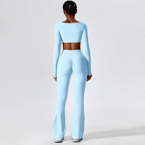 IMEKIS Gym Set for Women Yoga Outfit Long Sleeve Sport Crop Top with Flared Pants 2 PCS Sportswear Workout Fitness Jogging Tracksuit thumbnail 3