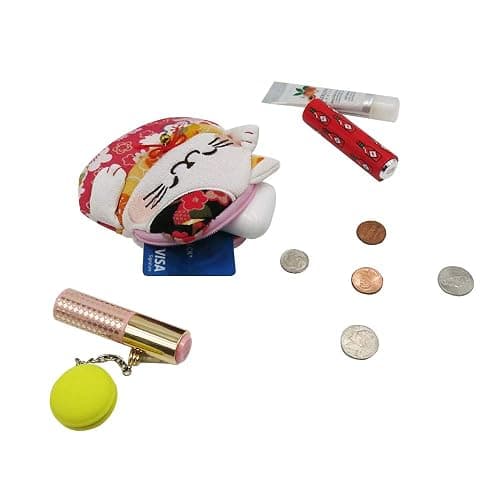 BAR AUTOTECH Zipper Maneki Neko lucky cat coin purse- Chirimen Kimono Print Style kawaii Cat Coin Wallet Holder for Coin Money Credit cards (Red) thumbnail 7