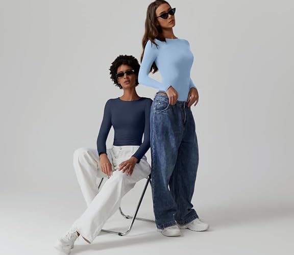QINSEN Womens Crew Neck Long Sleeve Bodysuit Double Lined Body Suits Basic T-Shirt Tops thumbnail 5