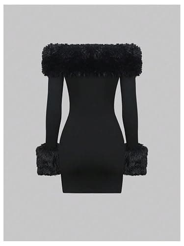 SOLY HUX Women's Bodycon Mini Dress Off The Shoulder Contrast Faux Fur Long Sleeve Dresses thumbnail 3