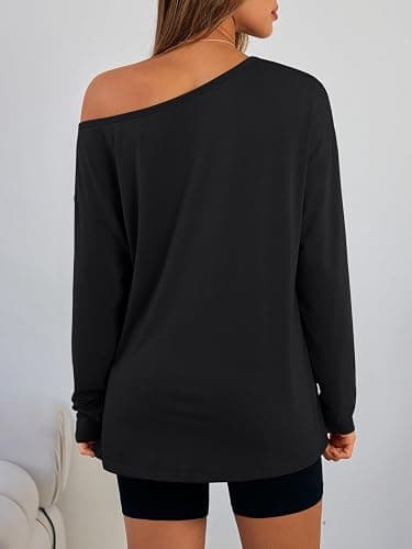 Trendy Queen Womens Off The Shoulder Oversized Tops | Long Sleeve Tshirts, One Shoulder Fall Outfits,Asymmetrical,Plus Size,Going Out Fashion Clothes,Sexy Blouse thumbnail 5