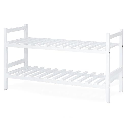 PJ Wood - Stackable White Wooden Shoe Rack - 2 Tier, 6 Pair | 29.1 x 29.1 x 15.7 in, Freestanding Floor Mount, No Assembly Required, Polished Waxed Finish, Rectangular Design, Hallway - Image 1