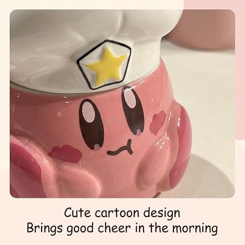 Bibykivn Taza Creativa De Cerámica Regalos Para Niños Y Parejas Cerámica Diseño De Dibujos Animados 500 Mililitros Taza Moca Original Bonita Decorativa Para Café Té Con Tapadera (Kirby) thumbnail 4