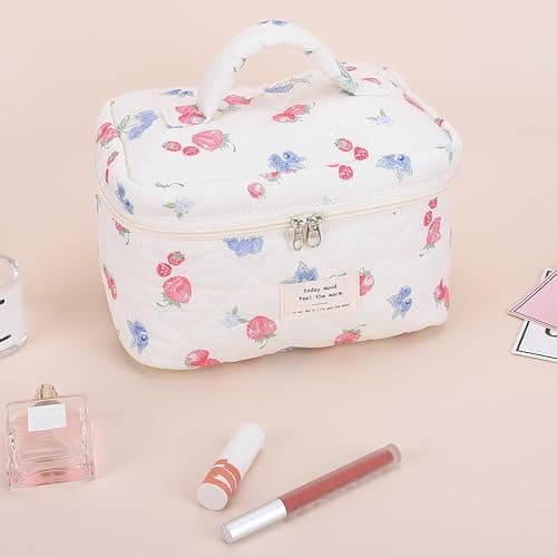 Quilted Makeup Bag Set 3 Pcs Cute Strawberry Makeup Bags For Women Large Aesthetic Floral Cosmetic Bag Coquette Cotton Makeup Pouch thumbnail 2