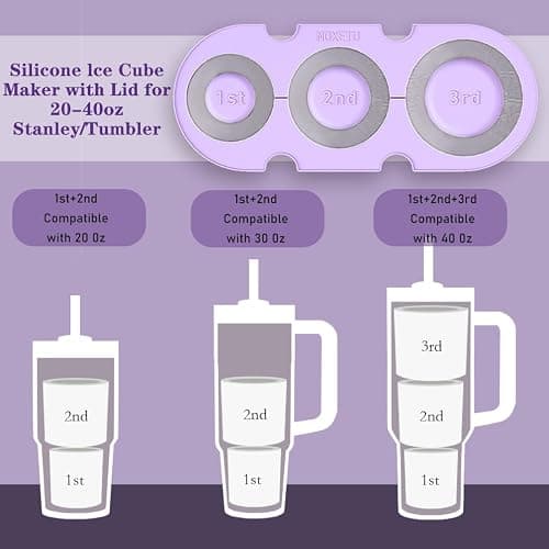 NOXETU Ice Mold for Stanley Cup 30/40 Oz - Easy Fill and Release Without Touching Ice, Silicone Ice Cube Tray with Clear Lid and Bin for Freezer, Whiskey, Cocktail (Purple) thumbnail 4