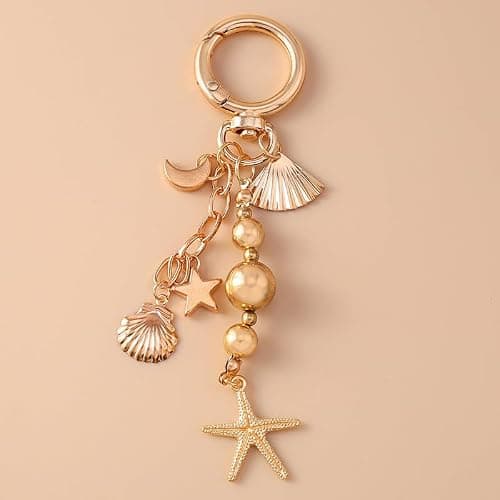 TUCEWP Gold Starfish Keychain for Women Girls Cute Shell Conch Bead Tassel Keyring Summer Beach Bag Charm for Handbags thumbnail 2