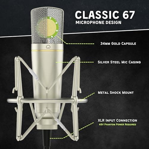 MA-67 Studio Condenser Microphone, 34mm Gold Large Diaphragm Capsule, Including Hydro Pop Filter, Metal Shock Mount, XLR Cable and Mic Bag - For Music Production, Vocal Recording and Podcasting thumbnail 2