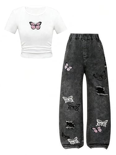 Azmxynol Tween Girl Clothes Short Sleeve Top + Butterfly Design Jeans 2 Pieces Spring Summer Outfit Set, Size 6-14 Years - Image 1