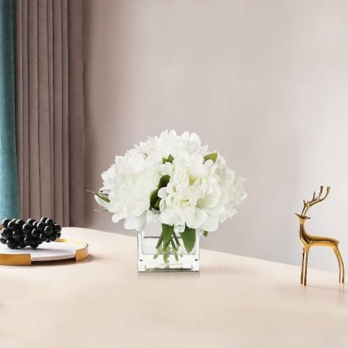 ENOVA FLORAL 7 Heads Peonies Artificial Flowers in Vase, Small Fake Silk Flowers with Vase, Artificial Floral Arrangements with Vase for Dining Table (White) thumbnail 6