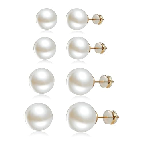 Sanglarst 4 Pairs Pearl Stud Earrings Sterling Silver Earring Set | 14K Plated Gold Hypoallergenic Earring stud Large size Round pearl 8mm-14mm Set Earrings for women - Image 1