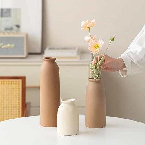 10.4 inches Tall Decorative Ceramic Vase Set, 3 Pieces, Nordic Modern Boho Style, White, Modern Farmhouse for Home Decor (Coffee Mix) thumbnail 4